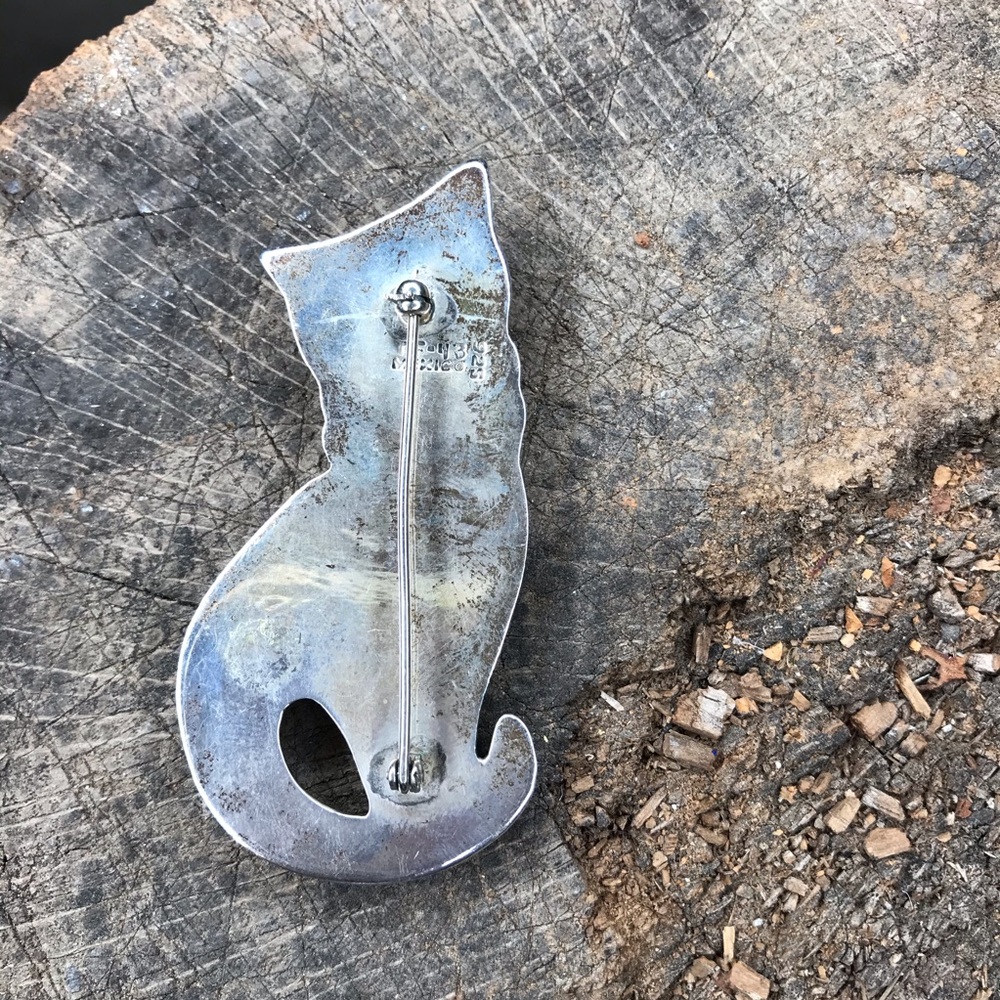 Taxco vintage sterling cat pin Mexican silver - Picture 5 of 8